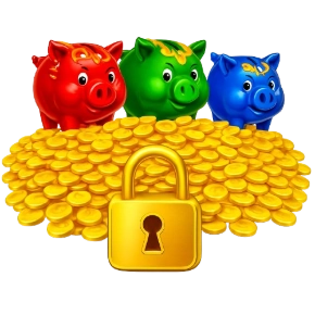 Tres cerditos, una colina de monedas de oro y un castillo dorado